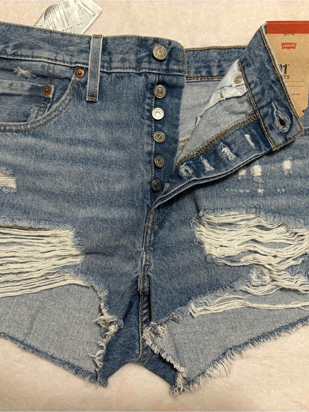 Levi's Ripped Light Blue High-Rise Button-Fly Denim Shorts